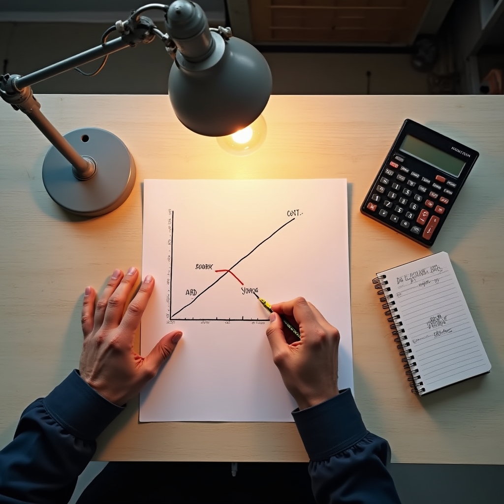Break-even chart on a desk with calculator and notebook showing financial analysis