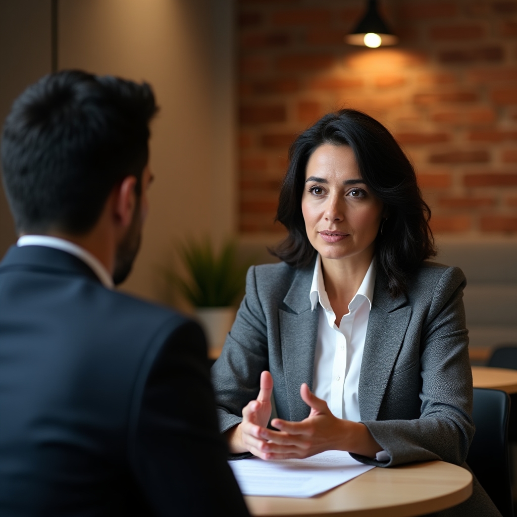 Business owner confidently discussing pricing strategy with a client in a professional meeting