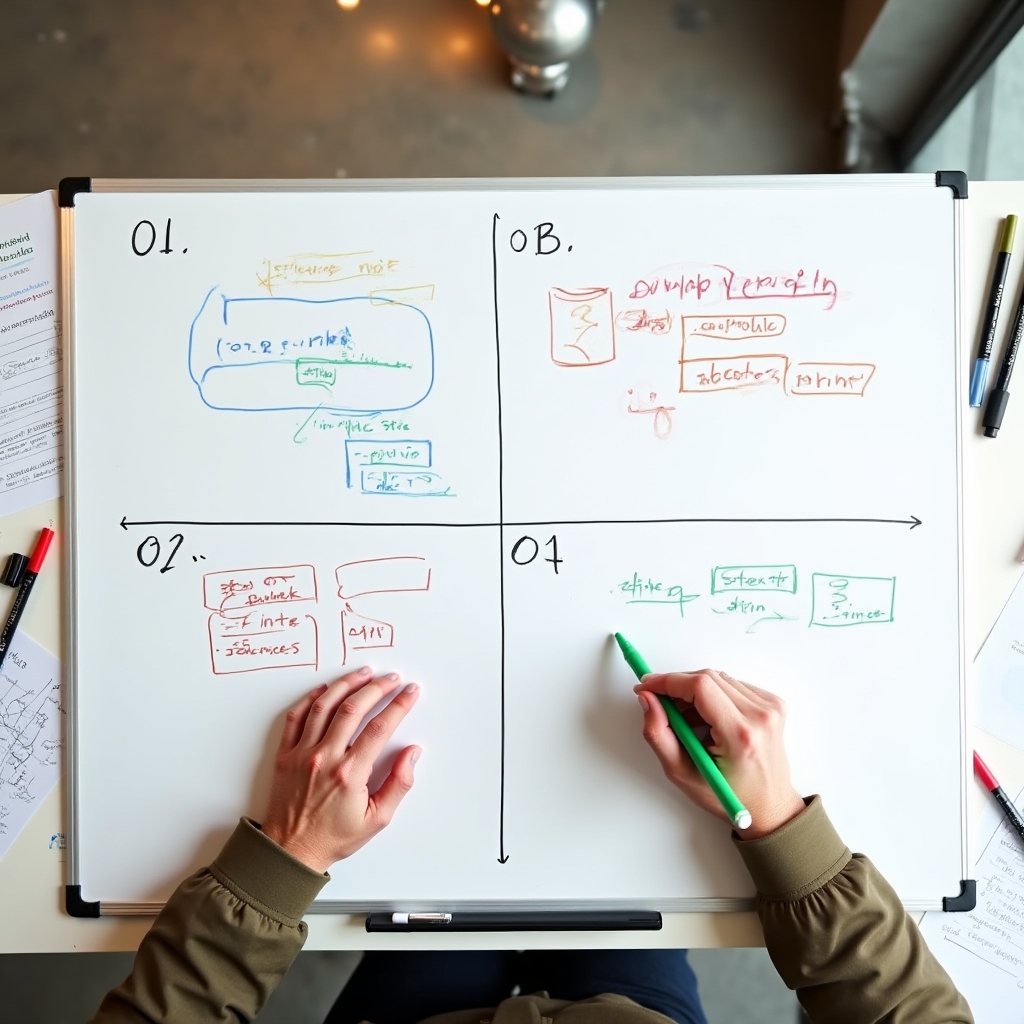 Four-session program structure displayed on a whiteboard in a workshop setting