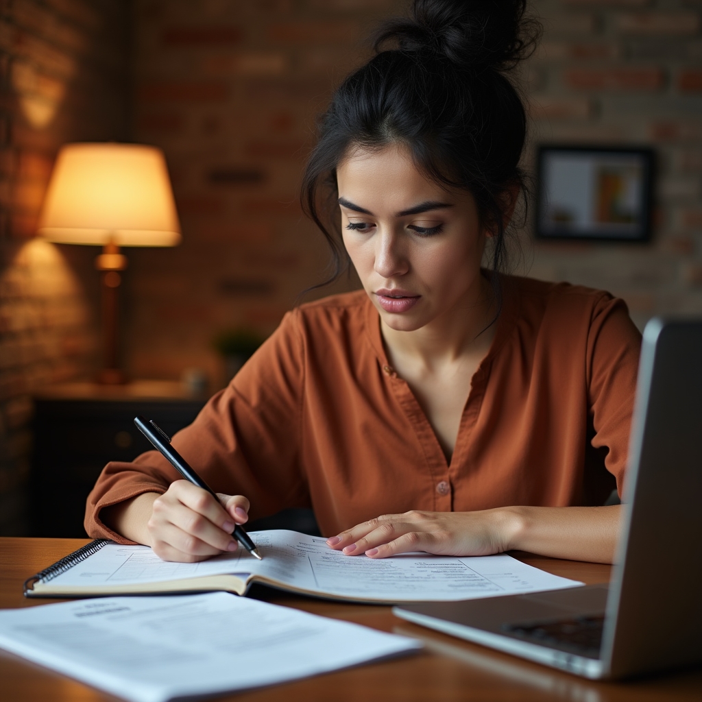 Entrepreneur working on pricing homework at desk with notebook and laptop open