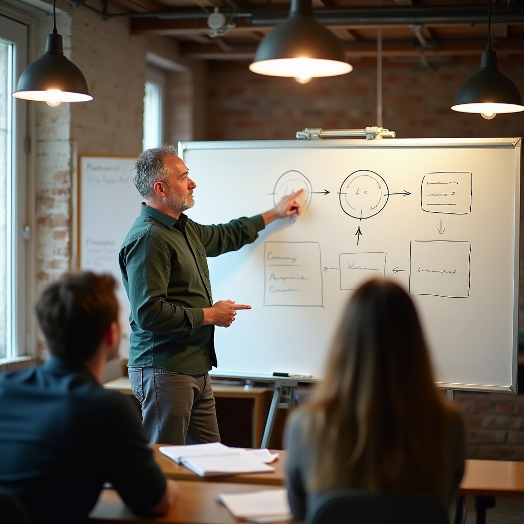 Instructor explaining pricing framework concepts on whiteboard to small group