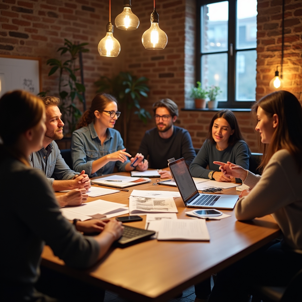 Small group of entrepreneurs working together in a workshop setting with notebooks and laptops